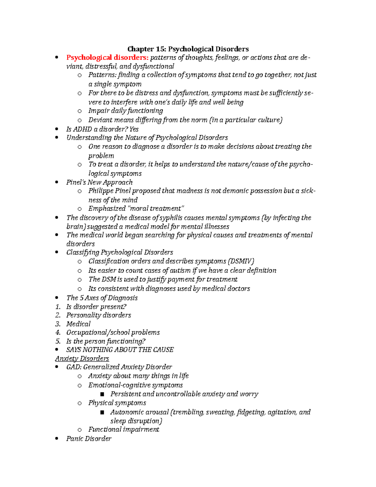 Psy Chapter 15 Notes - Chapter 15: Psychological Disorders ...