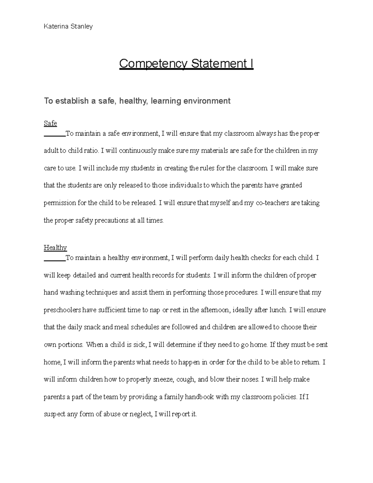 Competency Statement I - Katerina Stanley Competency Statement I To ...