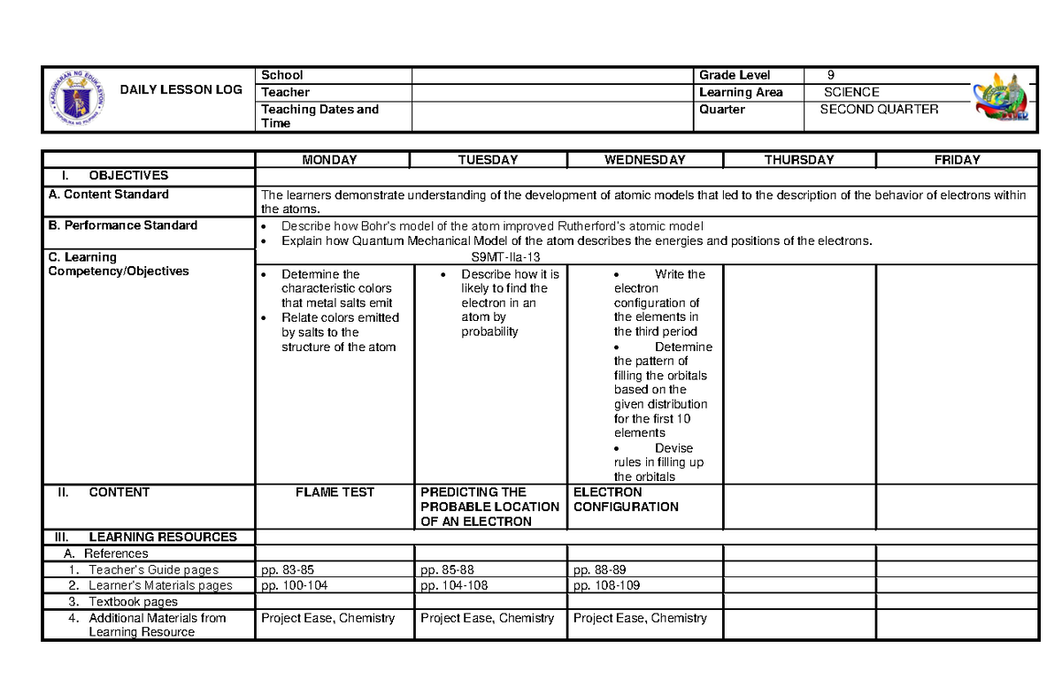 2nd QTR MOD. 1 DLL - DLL - MONDAY TUESDAY WEDNESDAY THURSDAY FRIDAY I ...