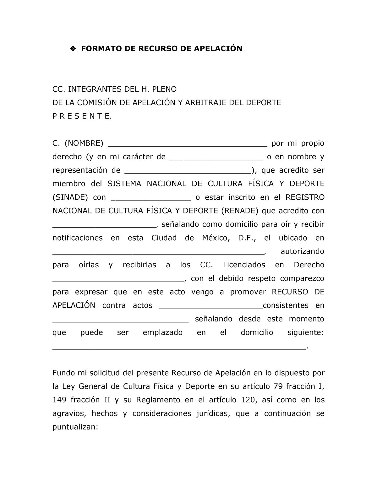 Formato - Recurso De Apelacio N - FORMATO DE RECURSO DE APELACI”N CC ...