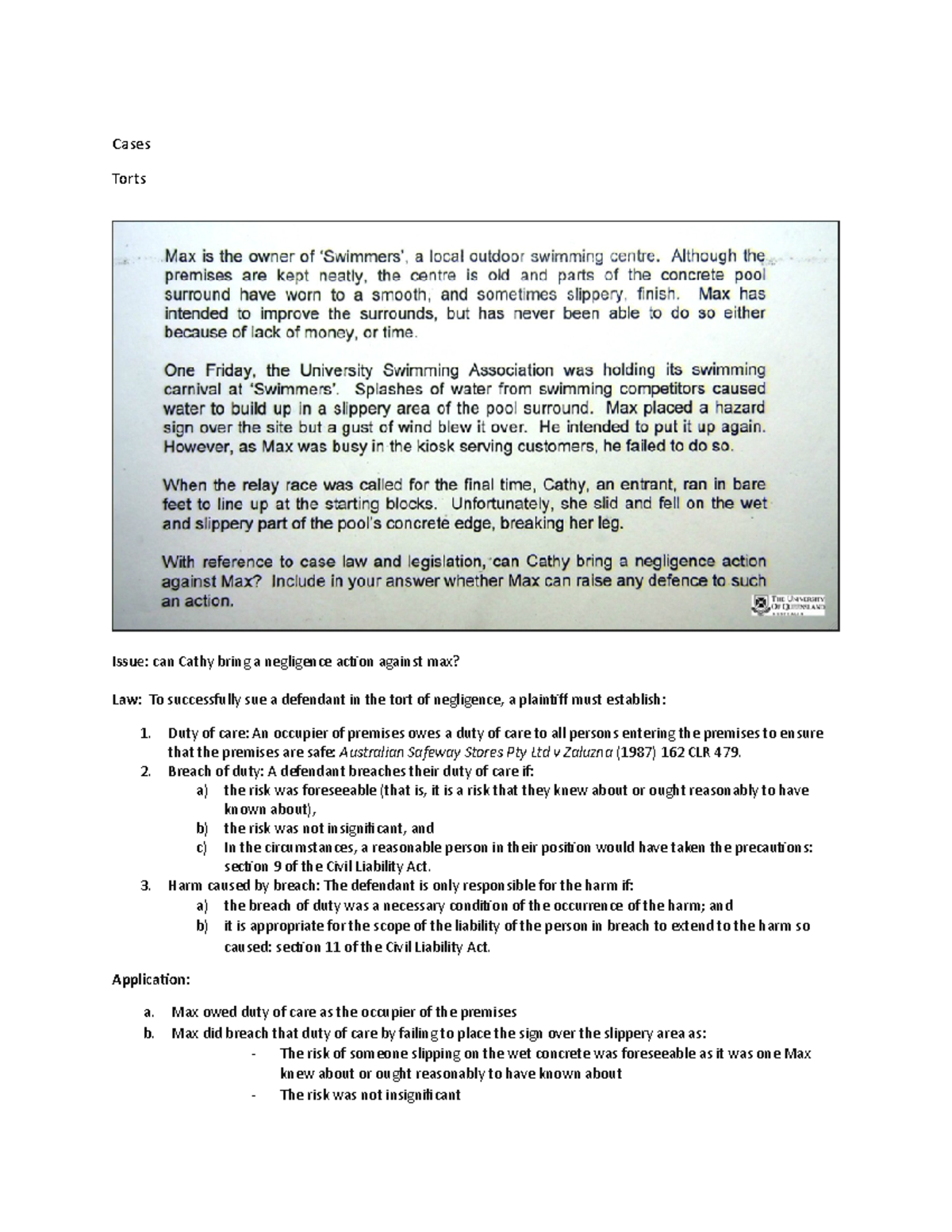 Tutorial Work Week 4 13 Cases Torts Issue Can Cathy Bring A Negligence Action Against Max Studocu