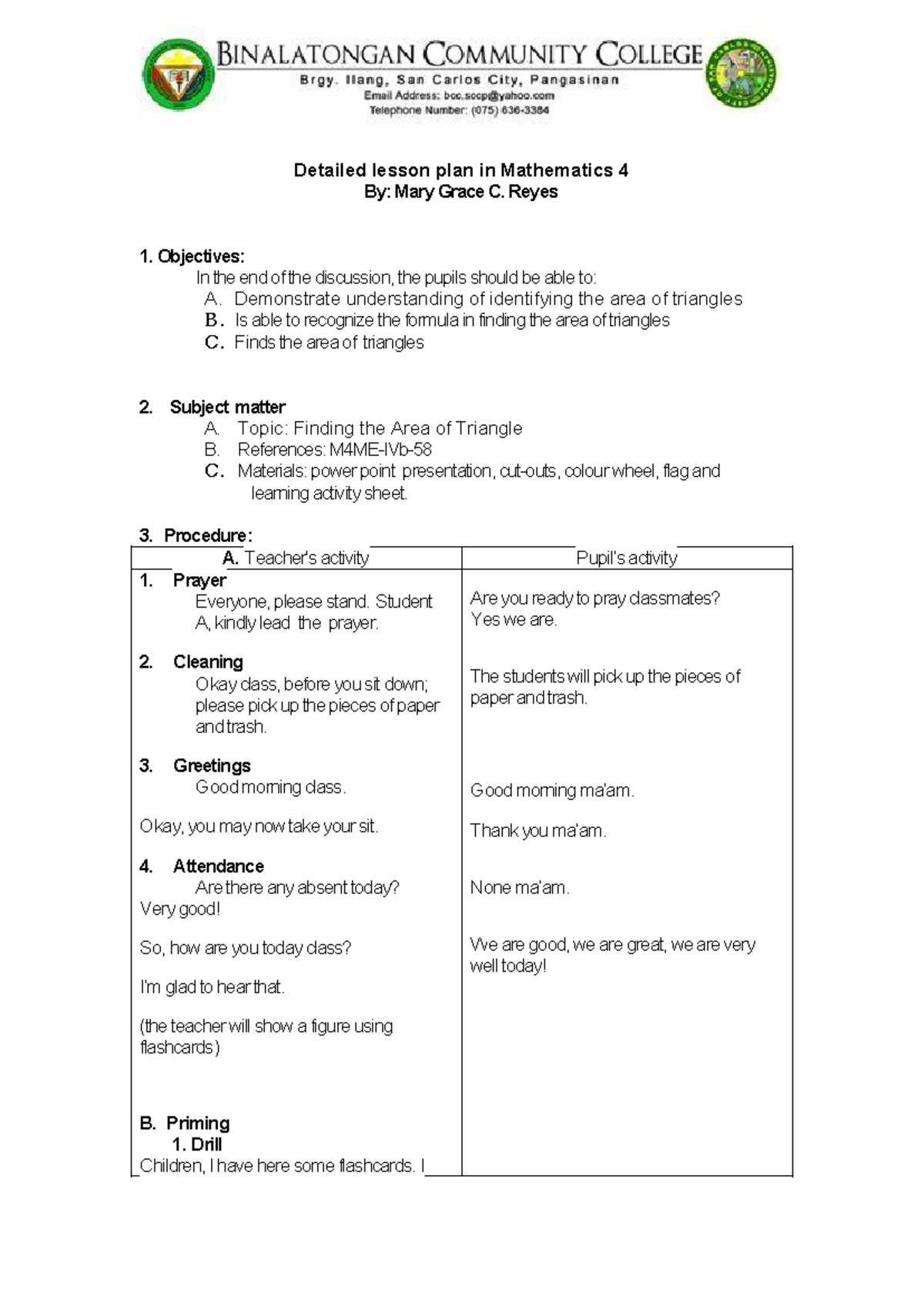 Reyes, MARY Grace, C. DLP 4 - Detailed lesson plan in Mathematics 4 By ...