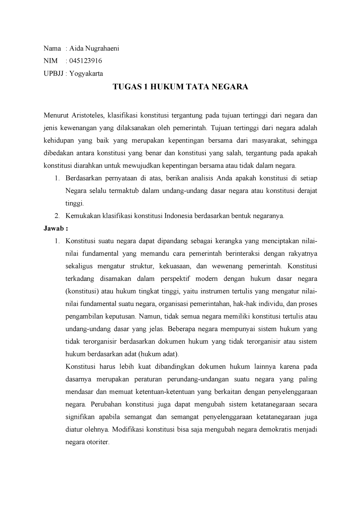 Tugas 1 Hukum Tata Negara 045123916 - Nama : Aida Nugrahaeni NIM ...