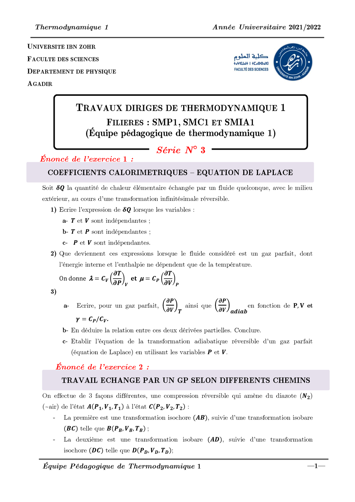 TRAVAUX DIRIGÉS DE THERMODYNAMIQUE 1 FILIÈRES : SMP1, SMC1 ET SMIA1 ...