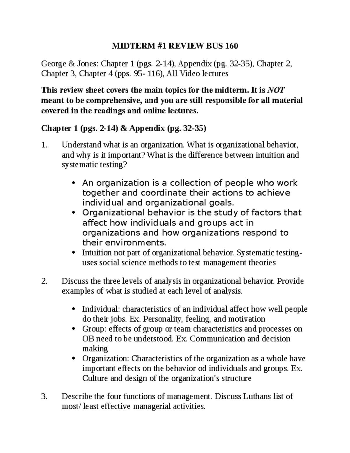 Midterm 1 - della - MIDTERM #1 REVIEW BUS 160 George & Jones: Chapter 1 ...