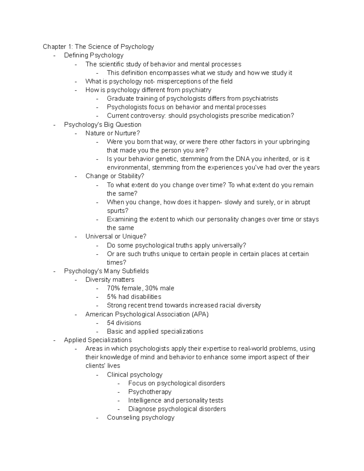 Psych Lecture Notes - Chapter 1: The Science Of Psychology - Defining ...