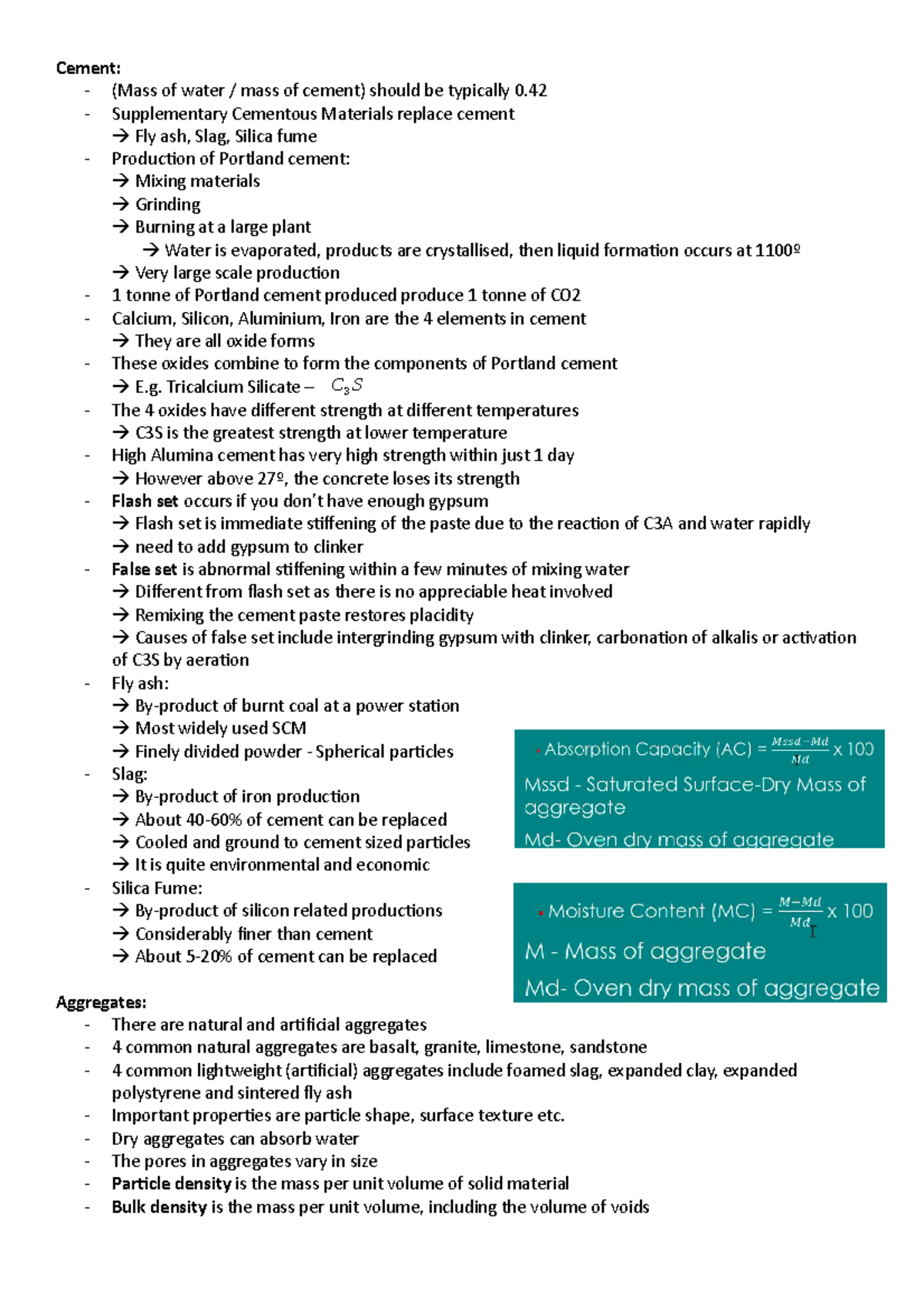 Construction Materials Lecture 2 notes - Cement: - (Mass of water ...