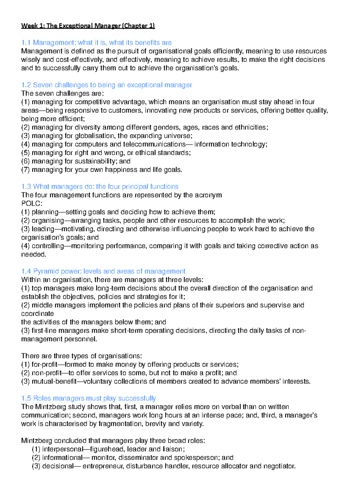 MGMT1001 Final Notes - Week 1: The Exceptional Manager (Chapter 1) 1 ...