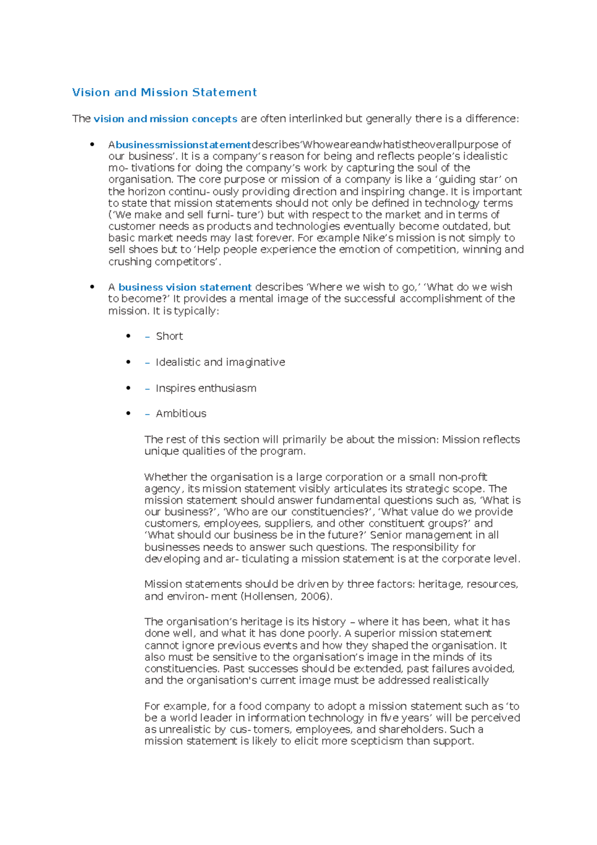 Notes-2 - Vision and Mission Statement - Vision and Mission Statement ...