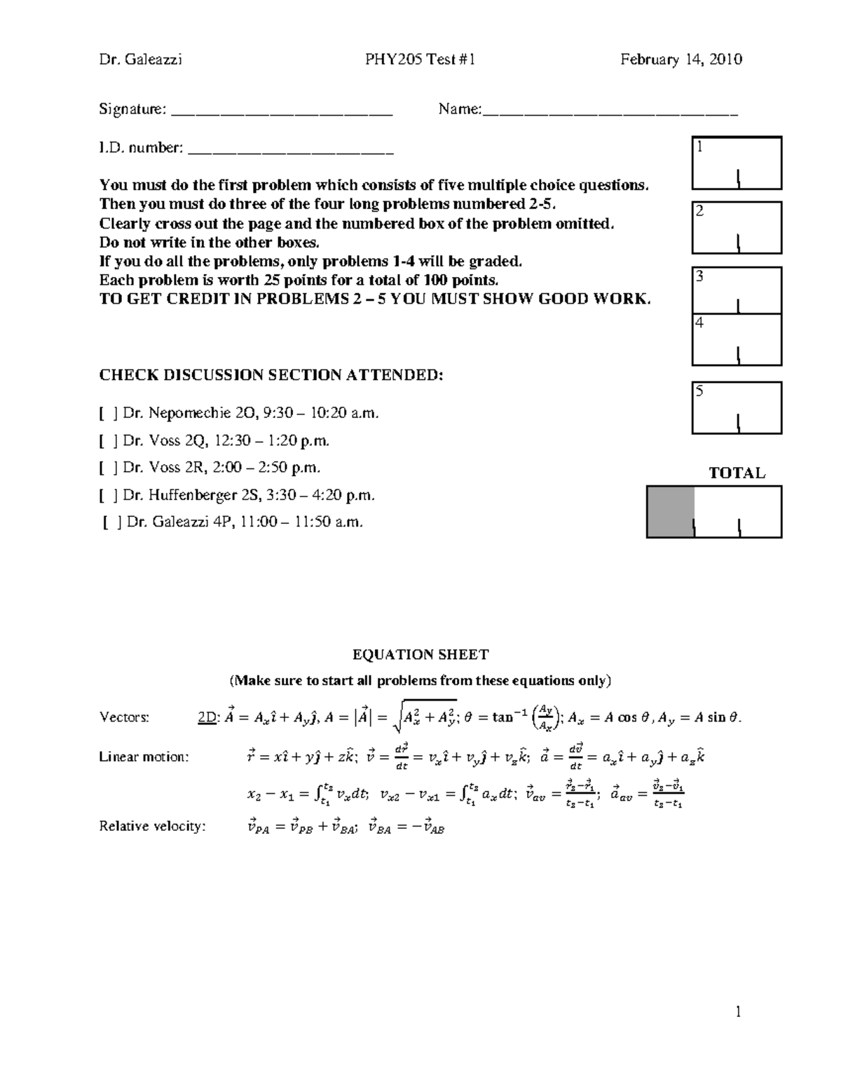 Spring 11 1 - Test 1 solutions goes over motion in and one and two ...