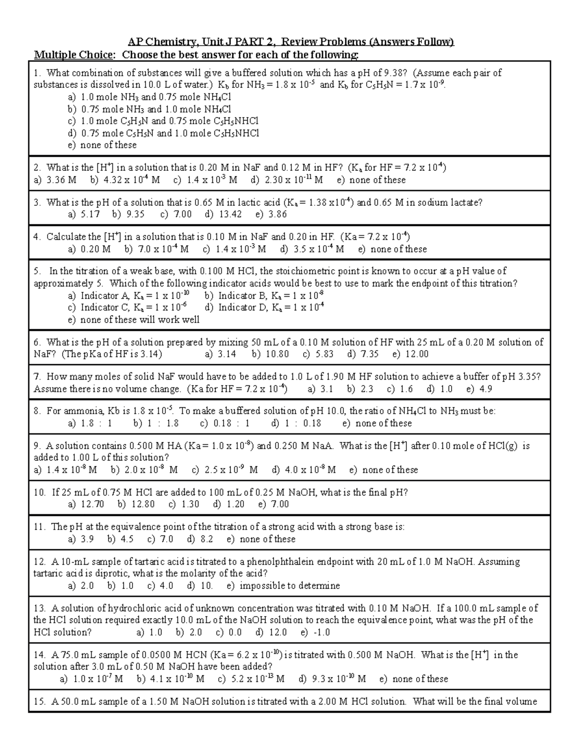 [UNIT J] Review (PART 2) - AP Chemistry, Unit J PART 2, Review Problems ...