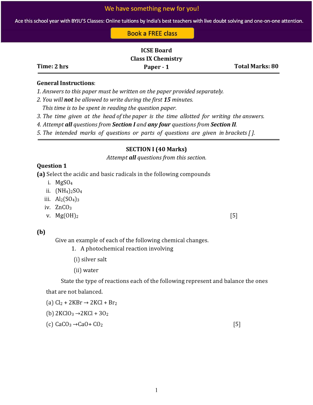 Chemistry 9 Icse Sample Paper 1 Icse Board Class Ix Chemistry Time 2 Hrs Paper 1 Total 3175