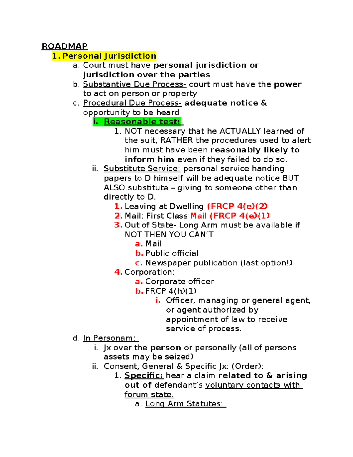 CIV PRO Final - ROADMAP Personal Jurisdiction A. Court Must Have ...