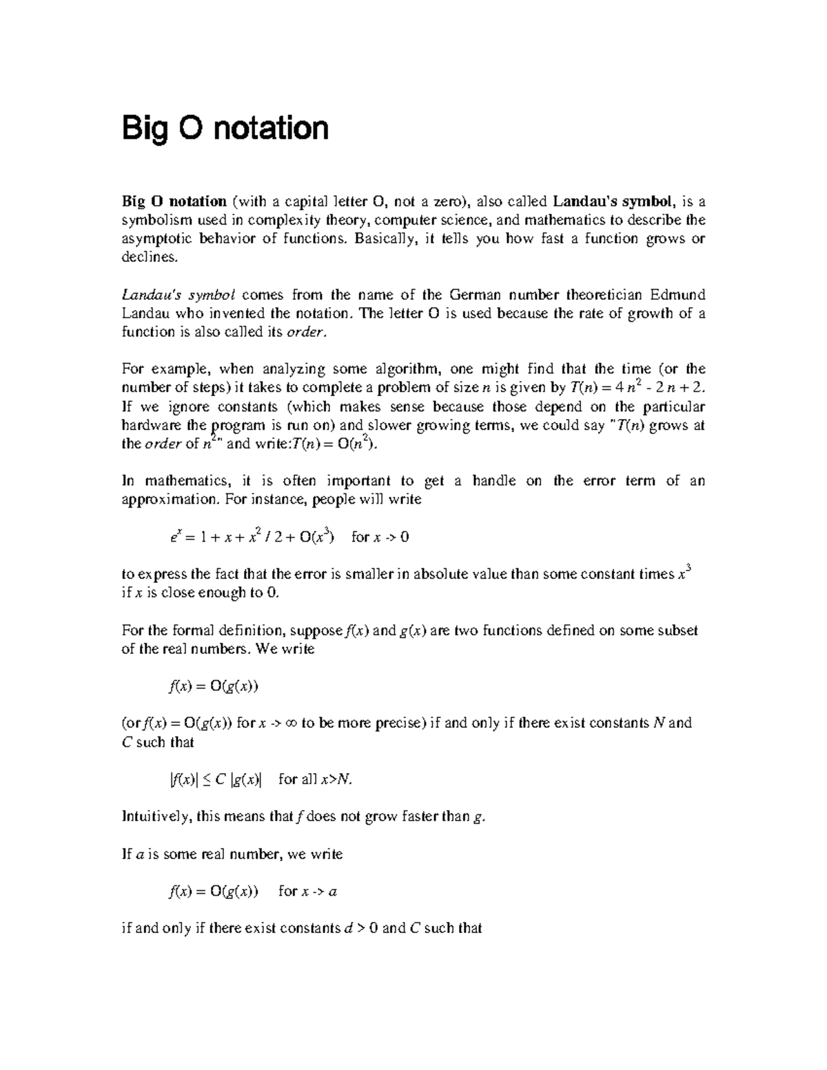 Big O Notation Pdf Fit1045 Monash Big Notation With Capital Letter Not Zero Also Called Landau Symbol Is Symbolism Used In Complexity Theory Computer Studocu