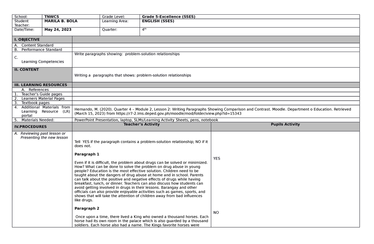 DLP-ENG( Problem- Solving) - School: TNWCS Grade Level: Grade 5 ...