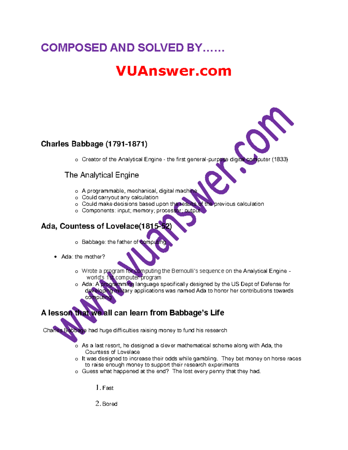 CS101 IMP Short Notes (VUAnswer - COMPOSED AND SOLVED BY...... VUAnswer ...