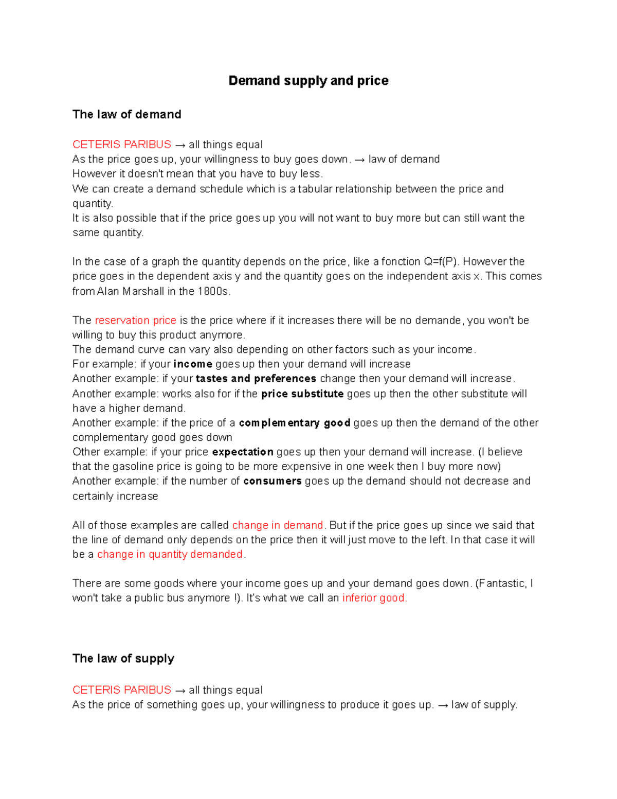 ECON 201 - Chapter 3 - Good notes from the class - Demand supply and ...