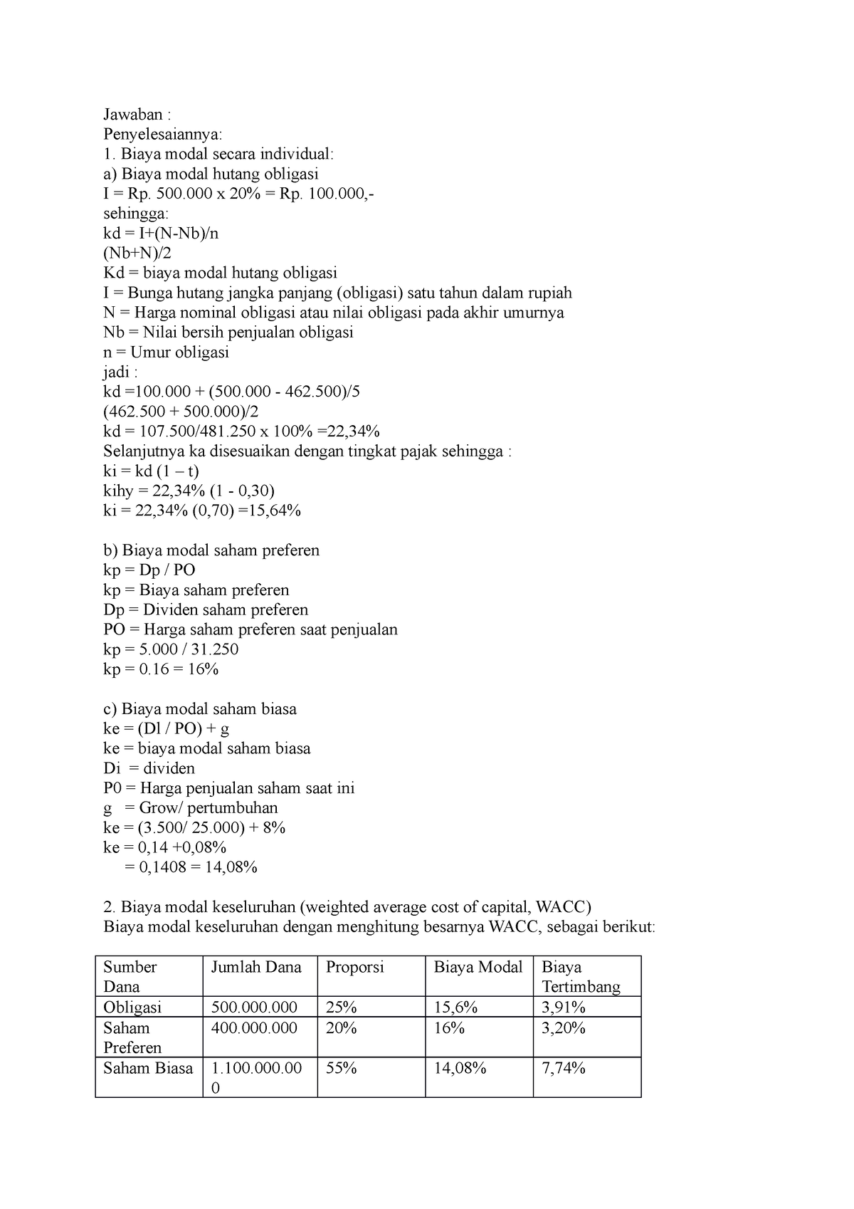 Diskusi 2 - Jkjjkhkjhkhh - Jawaban : Penyelesaiannya: Biaya Modal ...