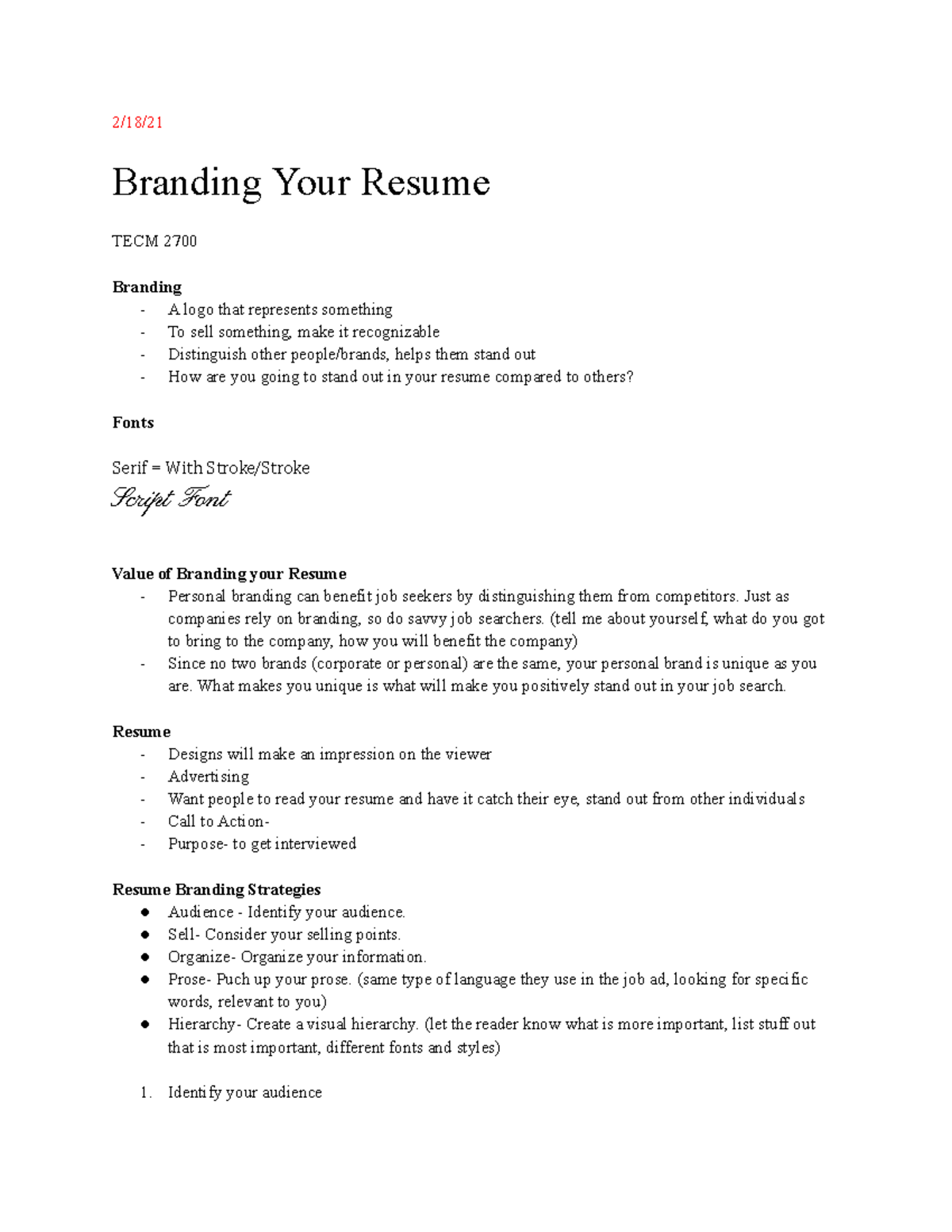 TECH Writing- Resume Notes - 2/18/ Branding Your Resume TECM 2700 ...