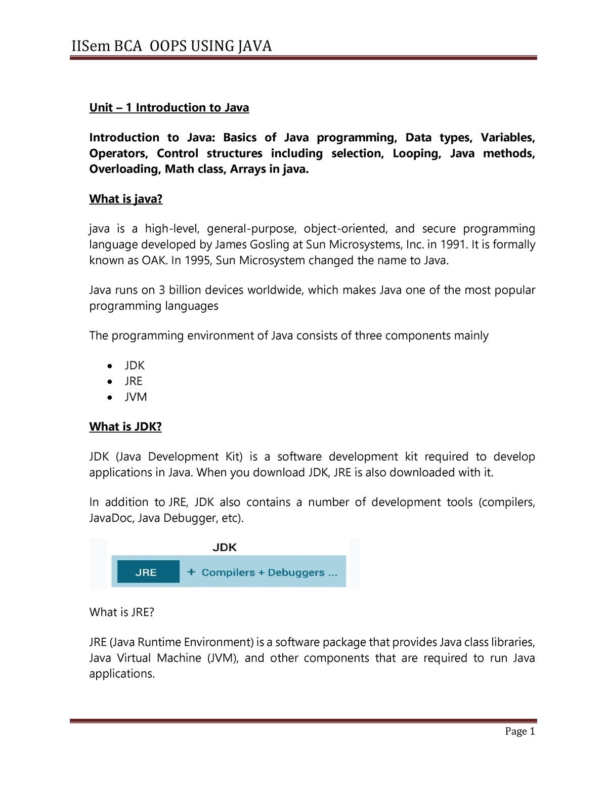 Java Notes Unit 1 - 2nd Sem Bca Java Unit 1 - Unit – 1 Introduction To ...