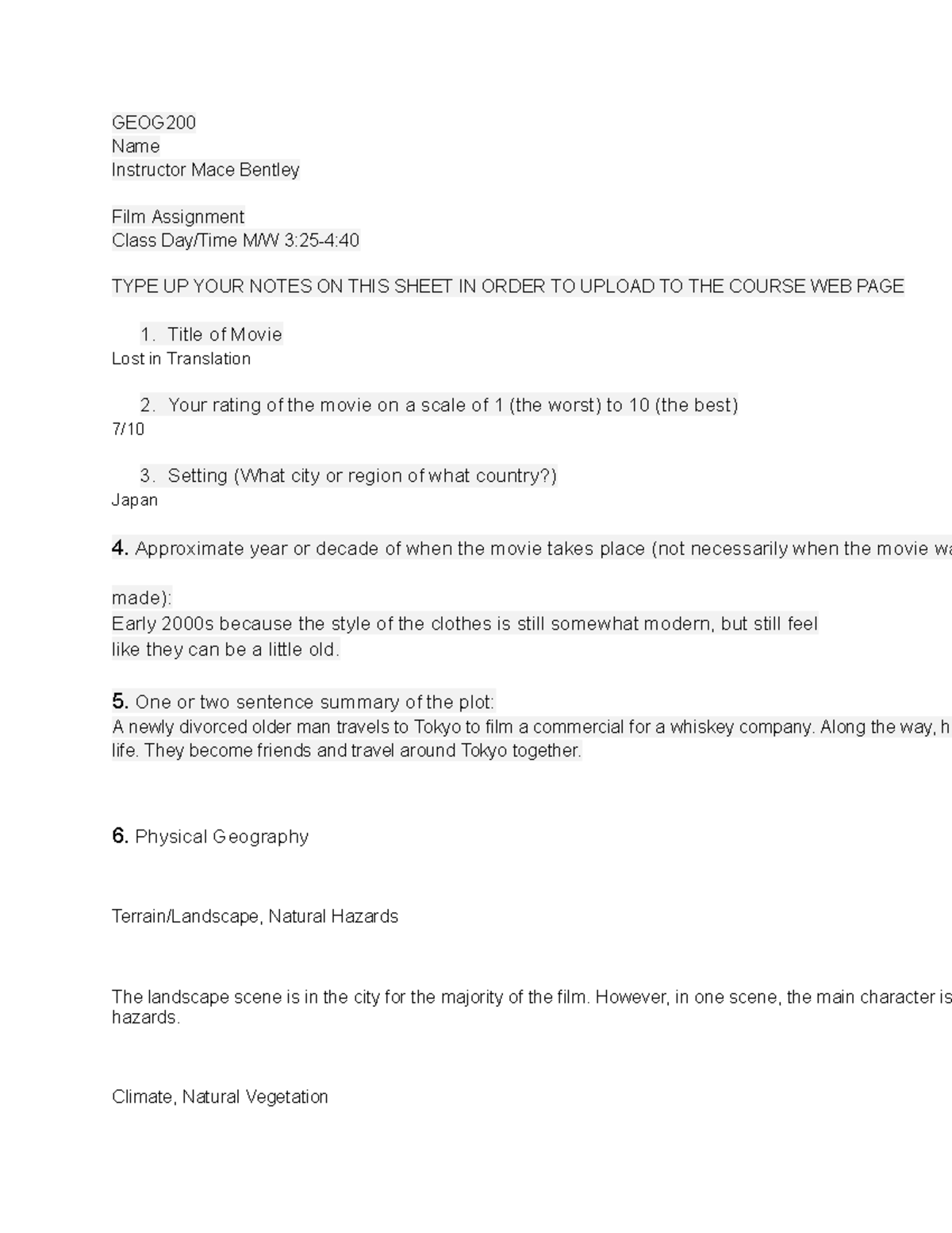 GEOG200-Film Assignment - GEOG Name Instructor Mace Bentley Film ...