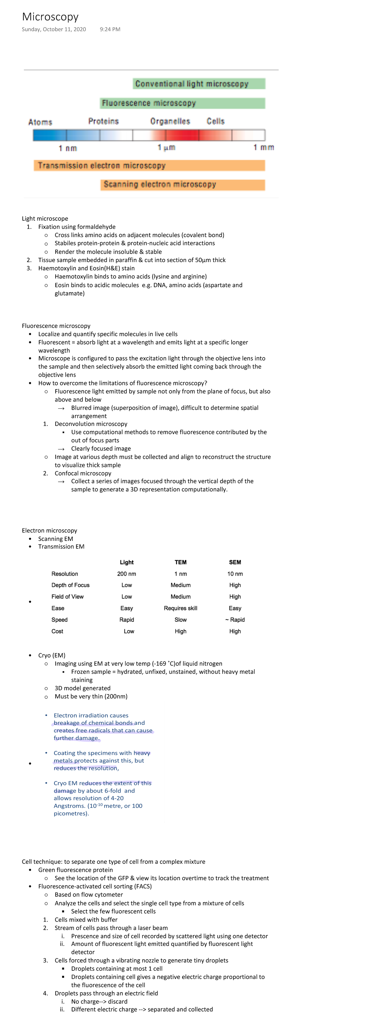 Microscopy Light microscope Fixation using formaldehyde Cross links amino acids on adjacent