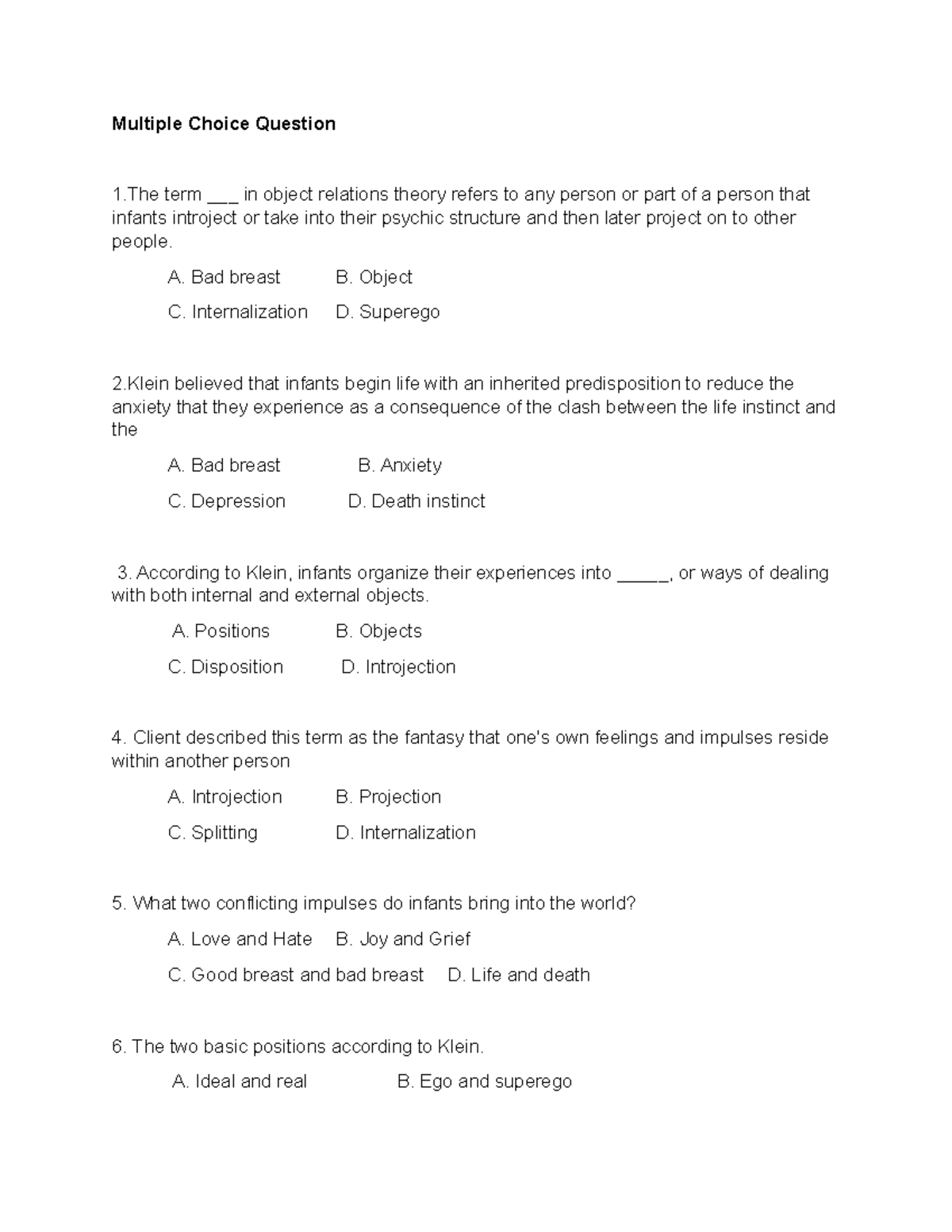 Multiple Choice Question Klein - Multiple Choice Question 1 term ___ in ...
