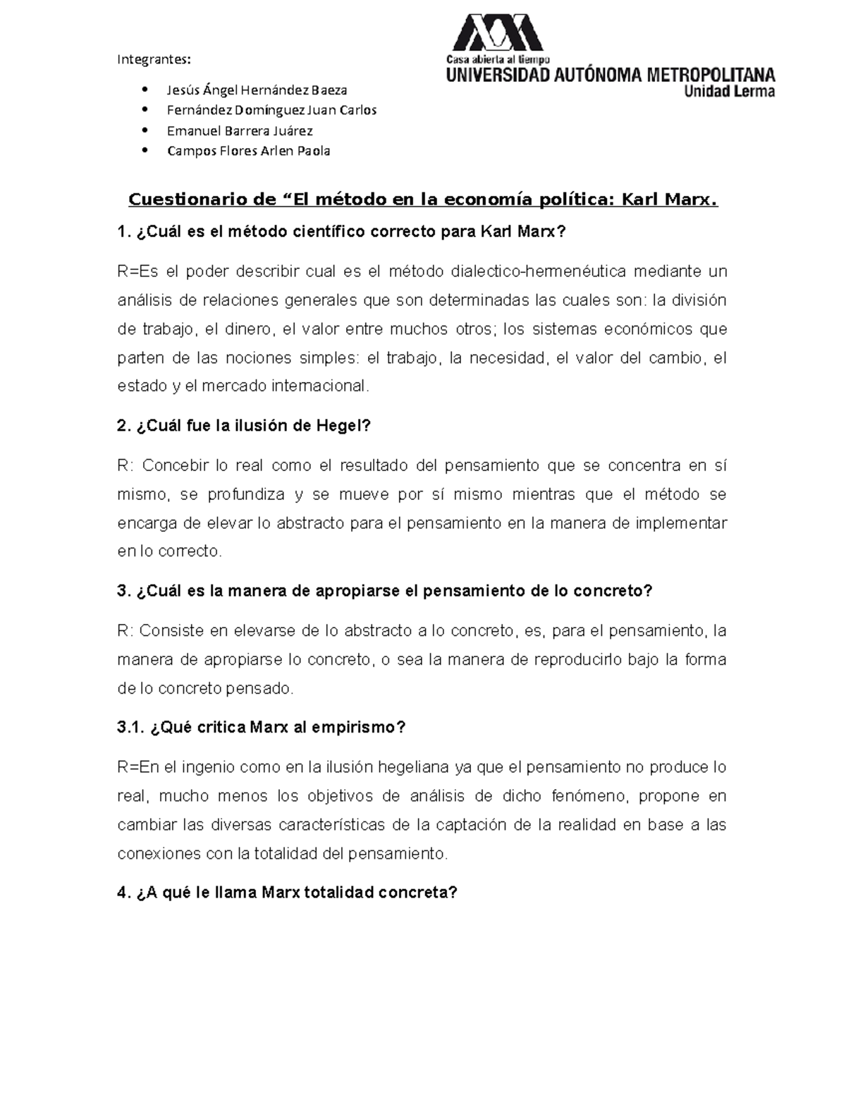 Cuestionario de Karl Marx - Integrantes: Jesús Ángel Hernández Baeza ...