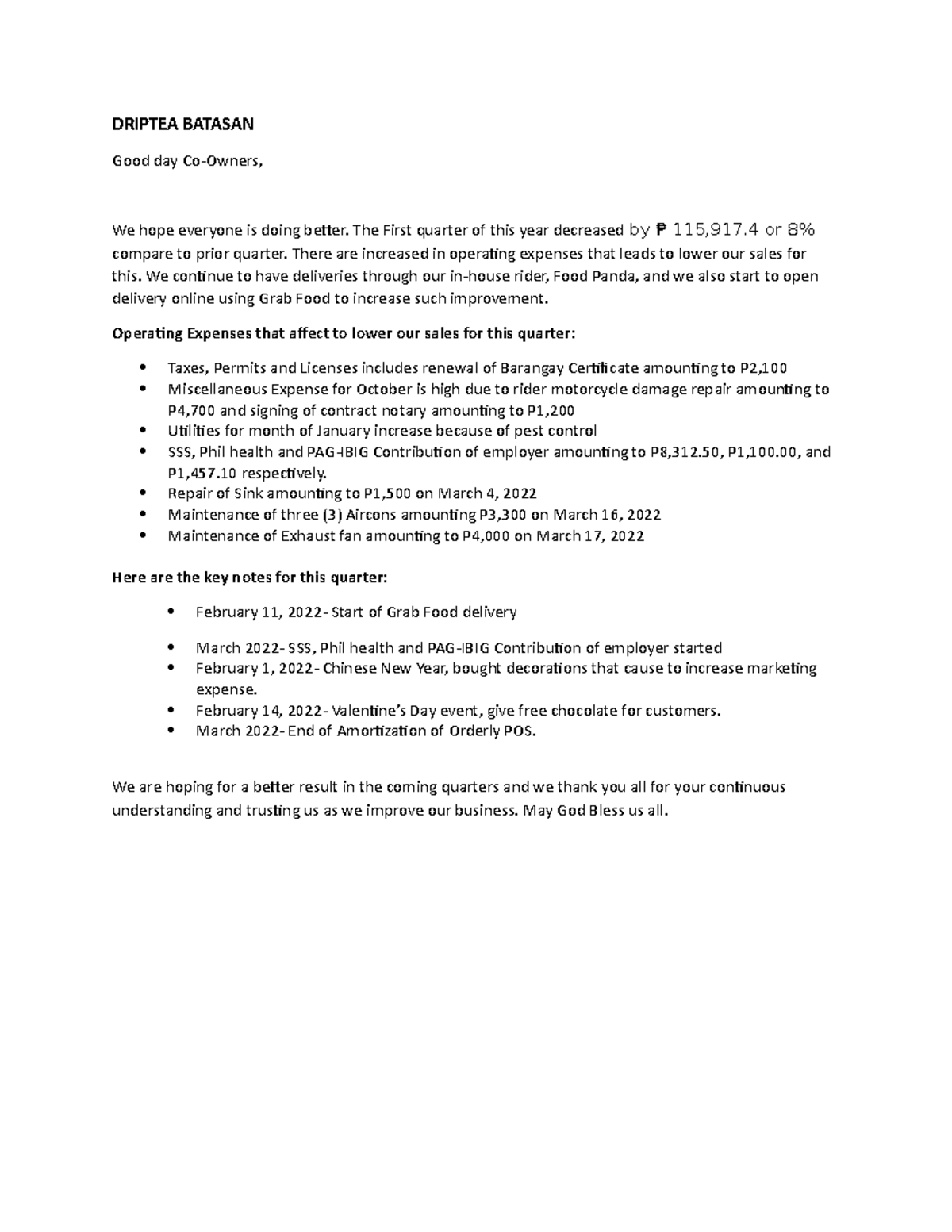 Driptea Batasan highlights of the 1st quarter 2022 DRIPTEA BATASAN