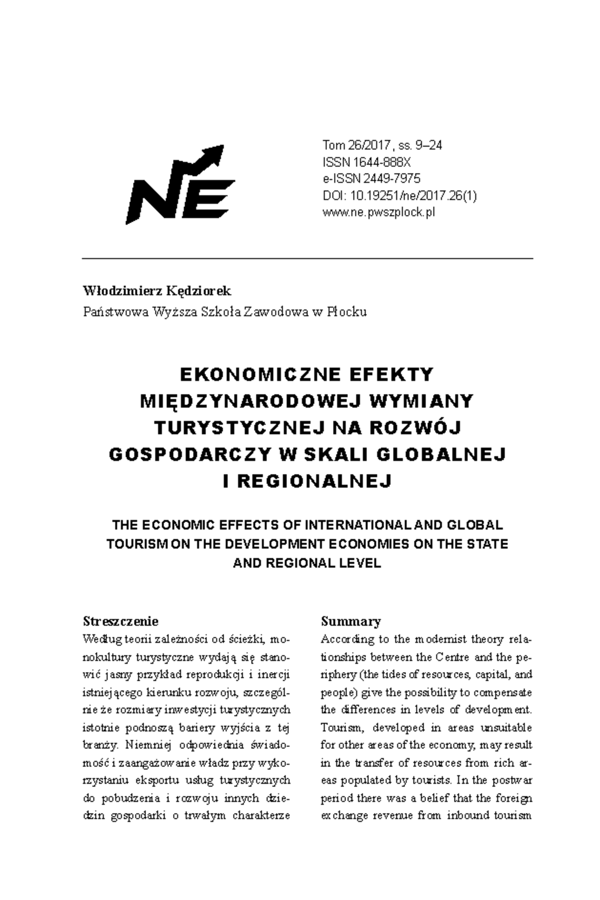 Ekonomiczne efekty w turystyce i rekreacji - Tom 26/2017, ss. 9– ISSN