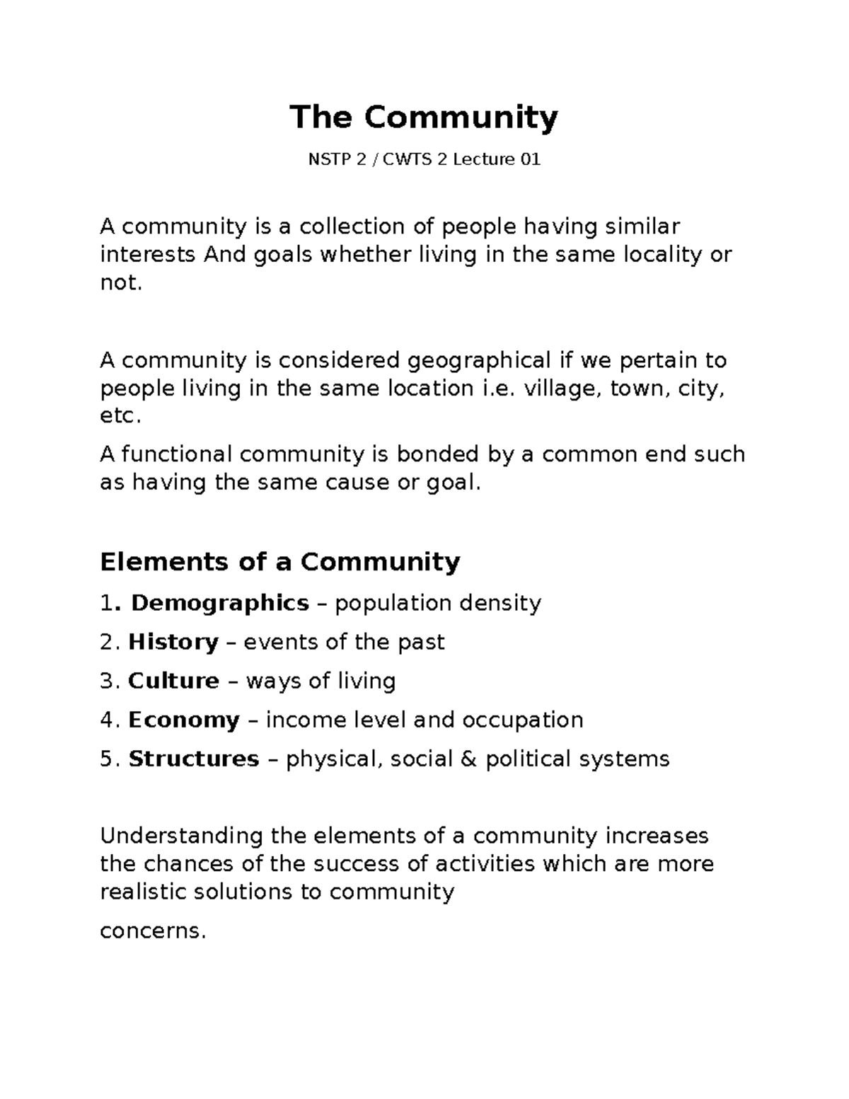 The Community - The Community NSTP 2 / CWTS 2 Lecture 01 A community is ...