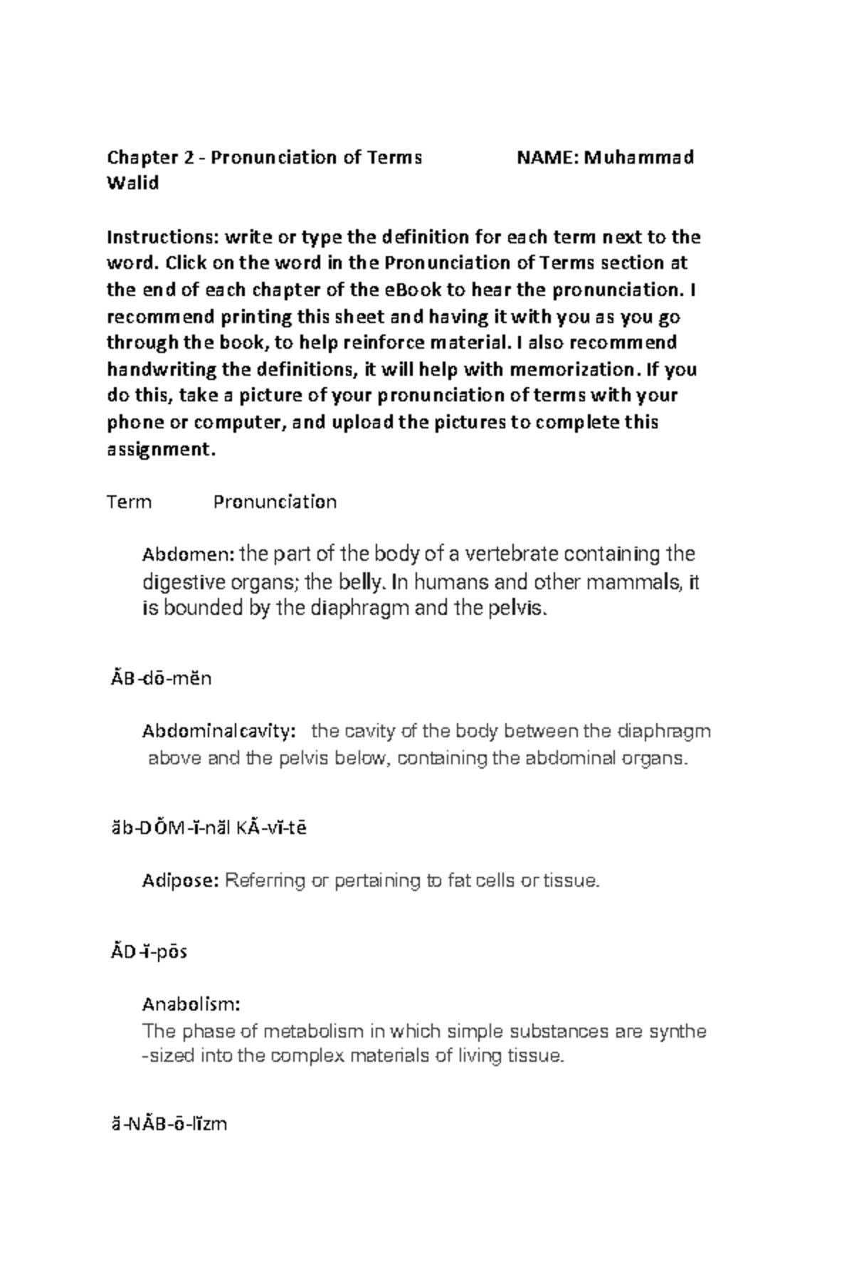 AH 110 Chapter 2 Pronunciation of Terms Chapter 2 Pronunciation of