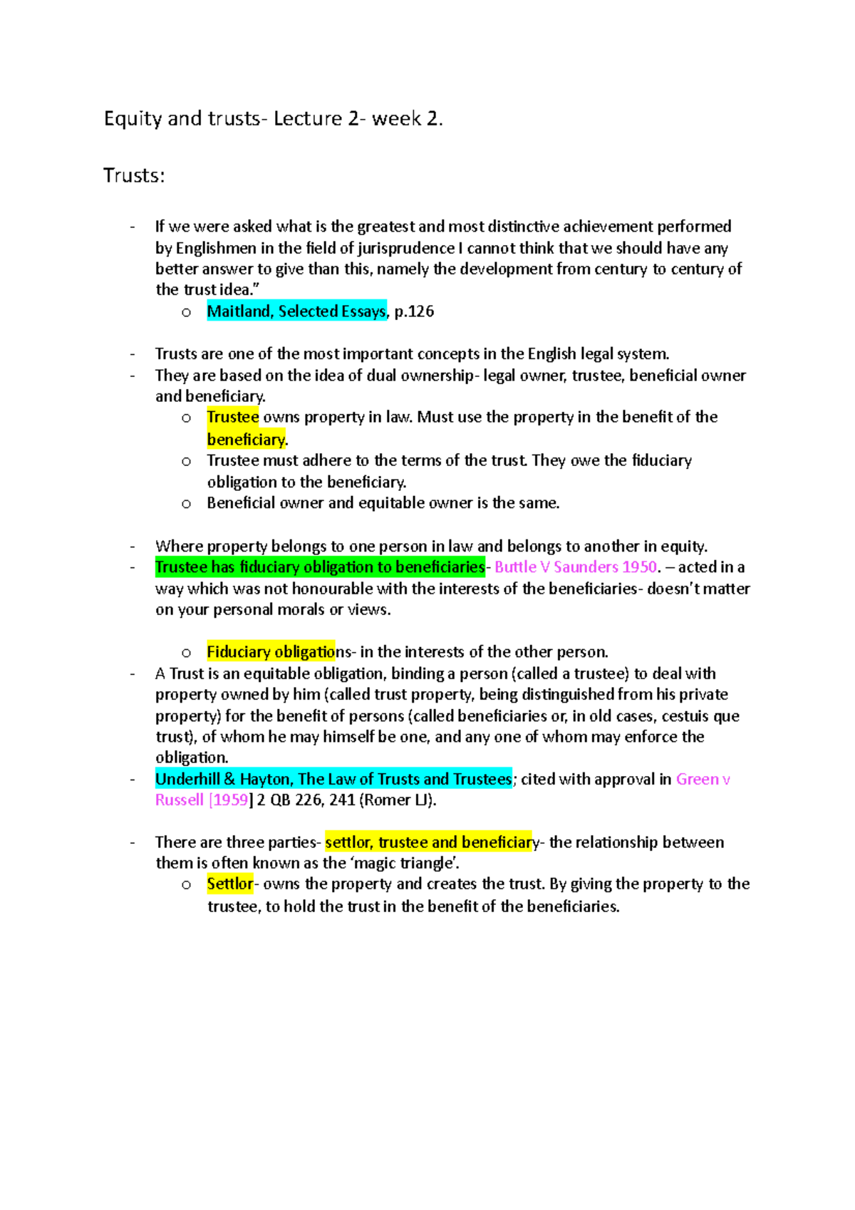 Week 2 - week 2 equity and trusts lecture notes - Equity and trusts ...
