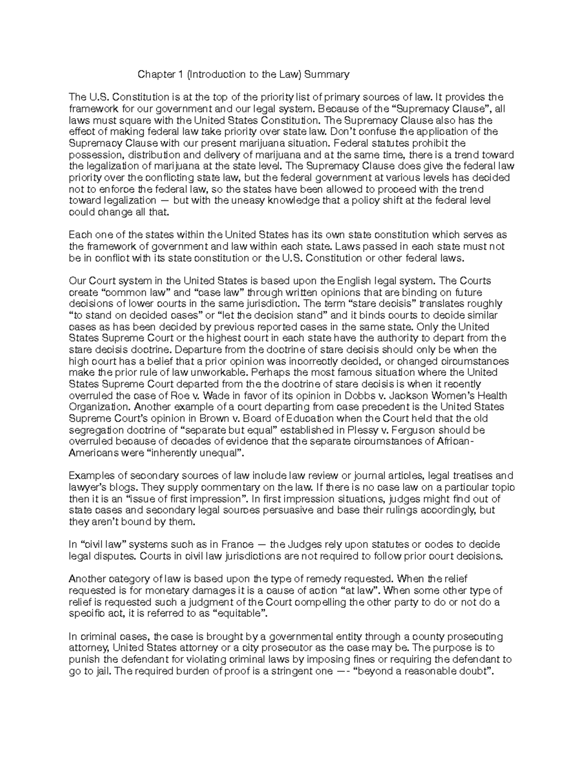 Chapter 1 (Introduction to the Law) Summary - Chapter 1 (Introduction ...