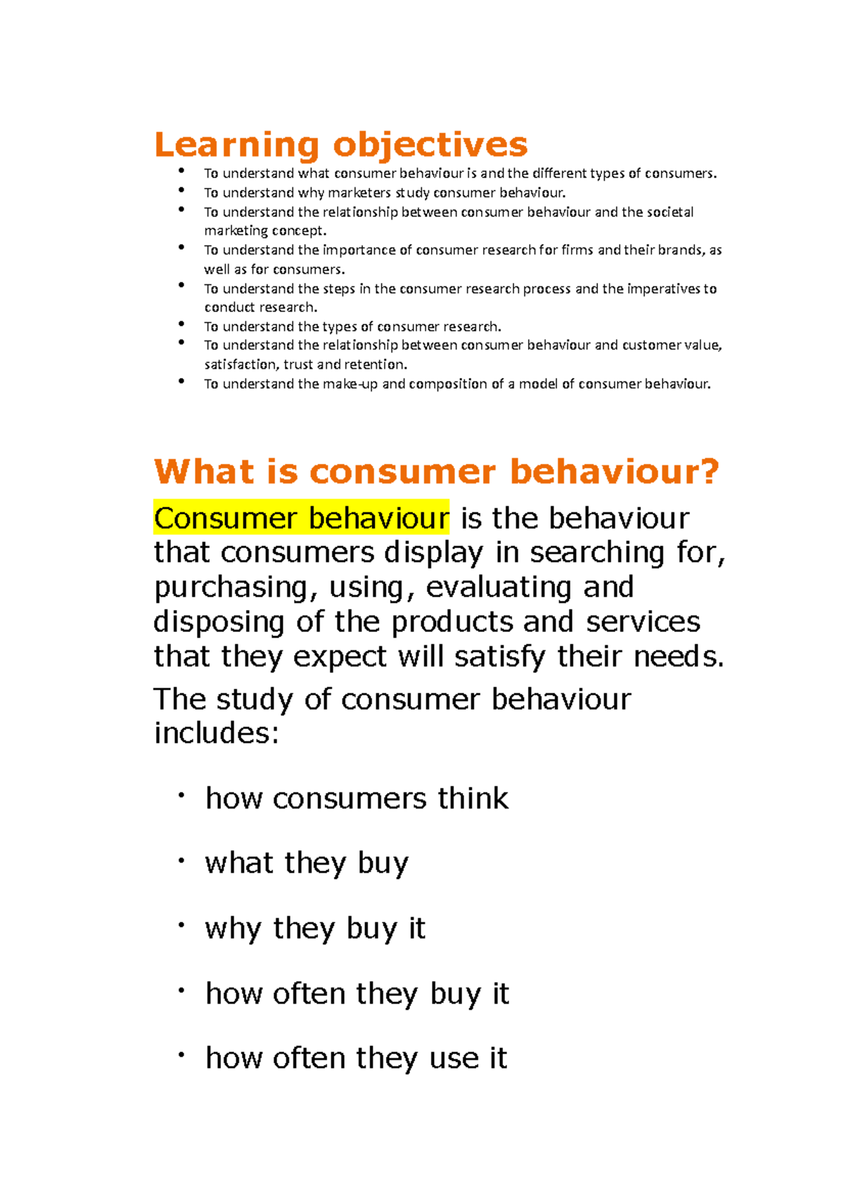 Consumer behaviour lecture 1 notes - Learning objectives To understand ...