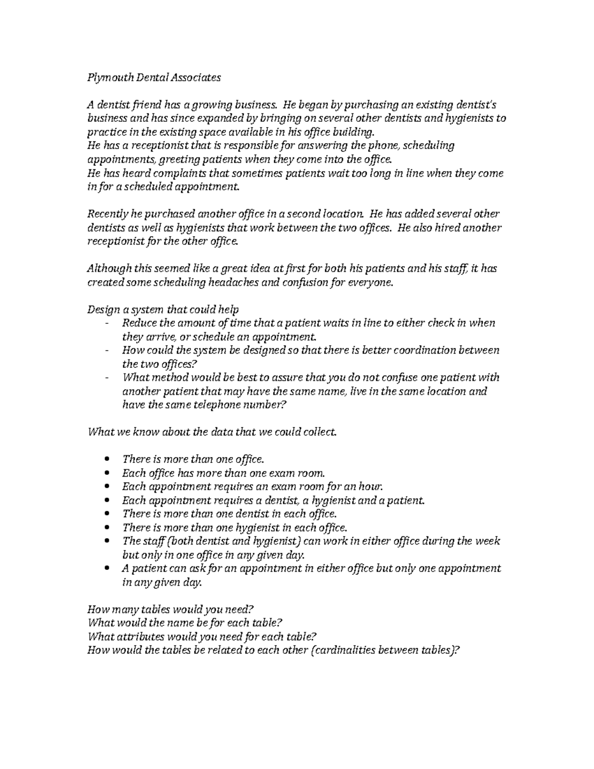 IS223 Patient Appointment ERD Exercise - Plymouth Dental Associates A ...