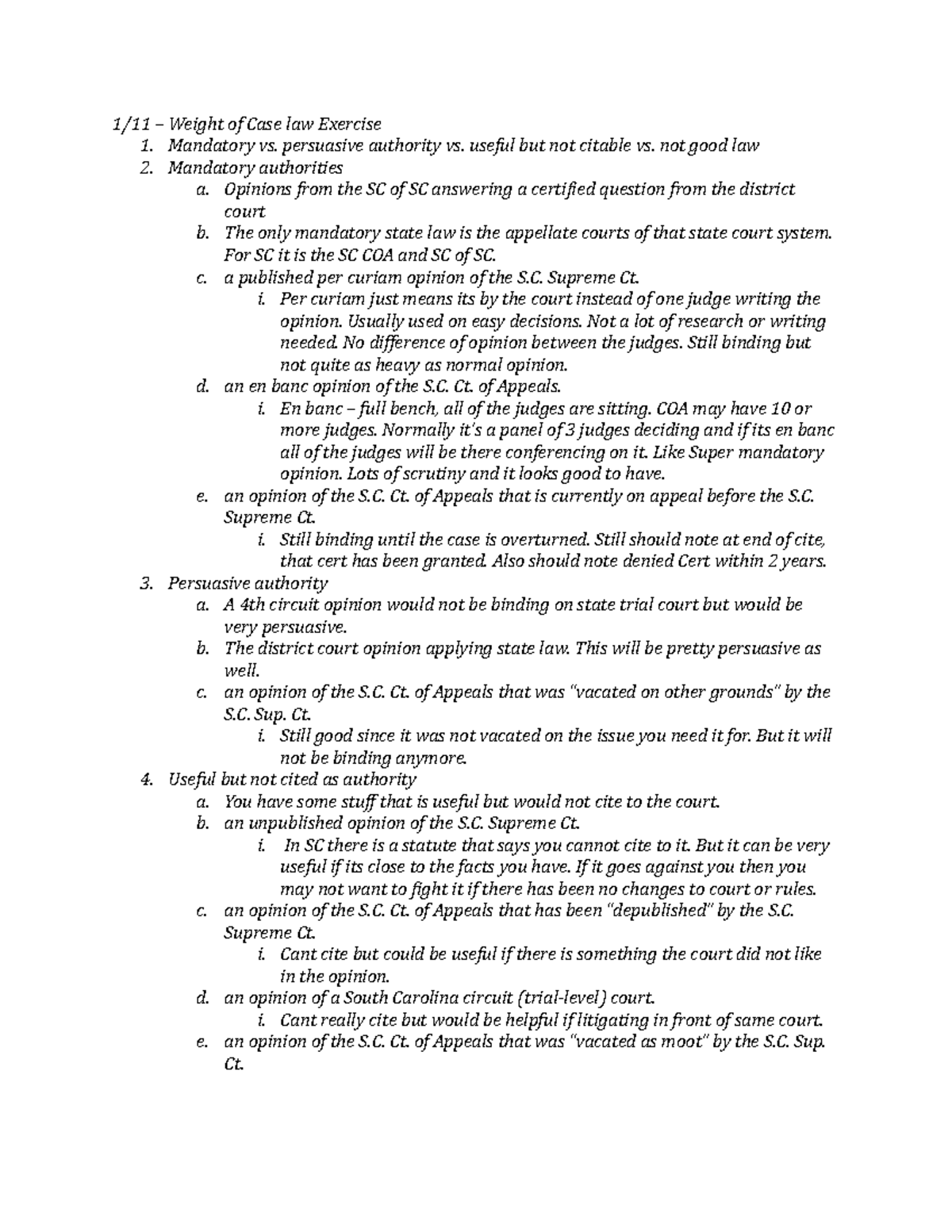Advanced Legal Analysis Notes - 1/11 – Weight of Case law Exercise 1 ...