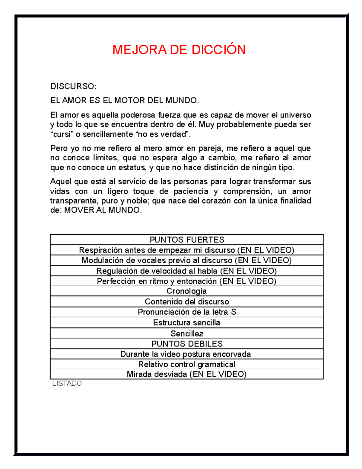 Mejora DE Dicción - MEJORA DE DICCIÓN DISCURSO: EL AMOR ES EL MOTOR DEL ...