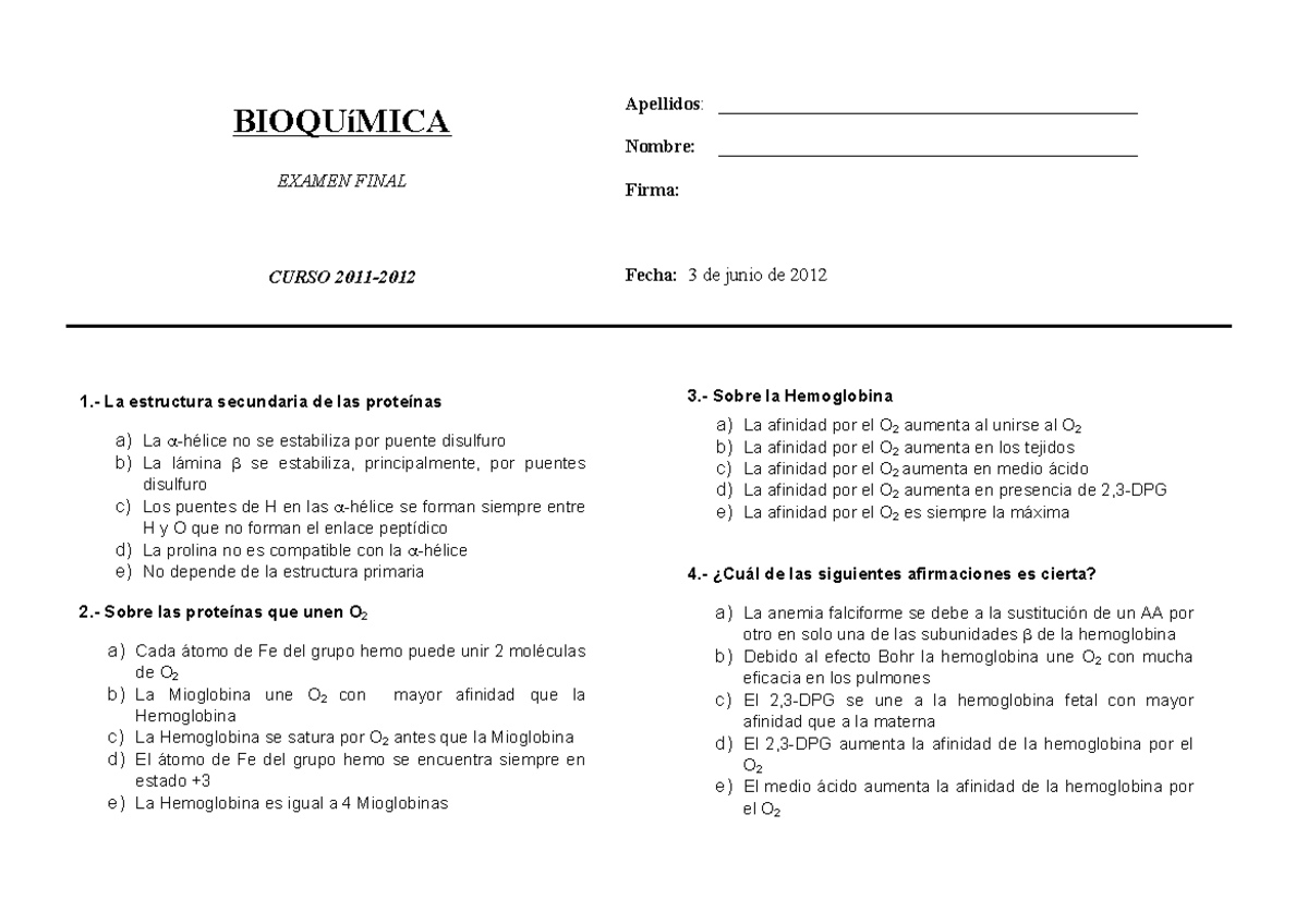 Examen bioquímica y respuestas 2015 BIOQU MICA EXAMEN FINAL CURSO 2011