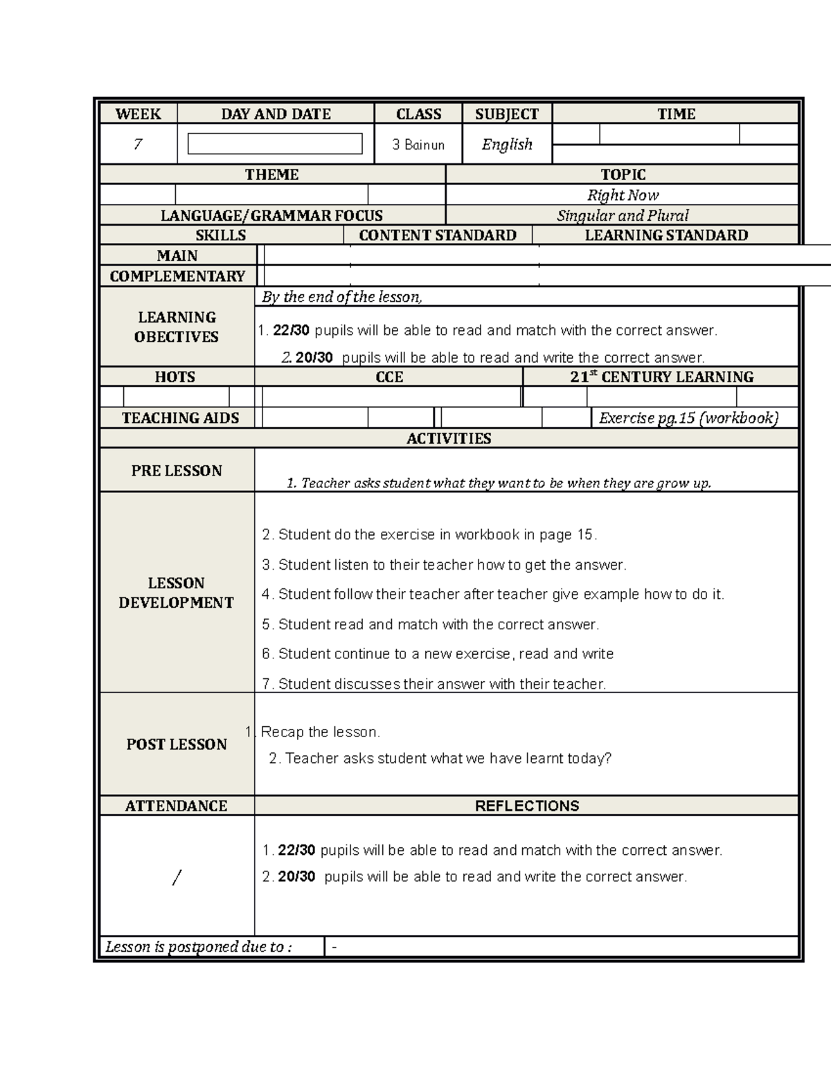EXAMPLE LESSON PLAN TEACHING METHOD - WEEK DAY AND DATE CLASS SUBJECT ...