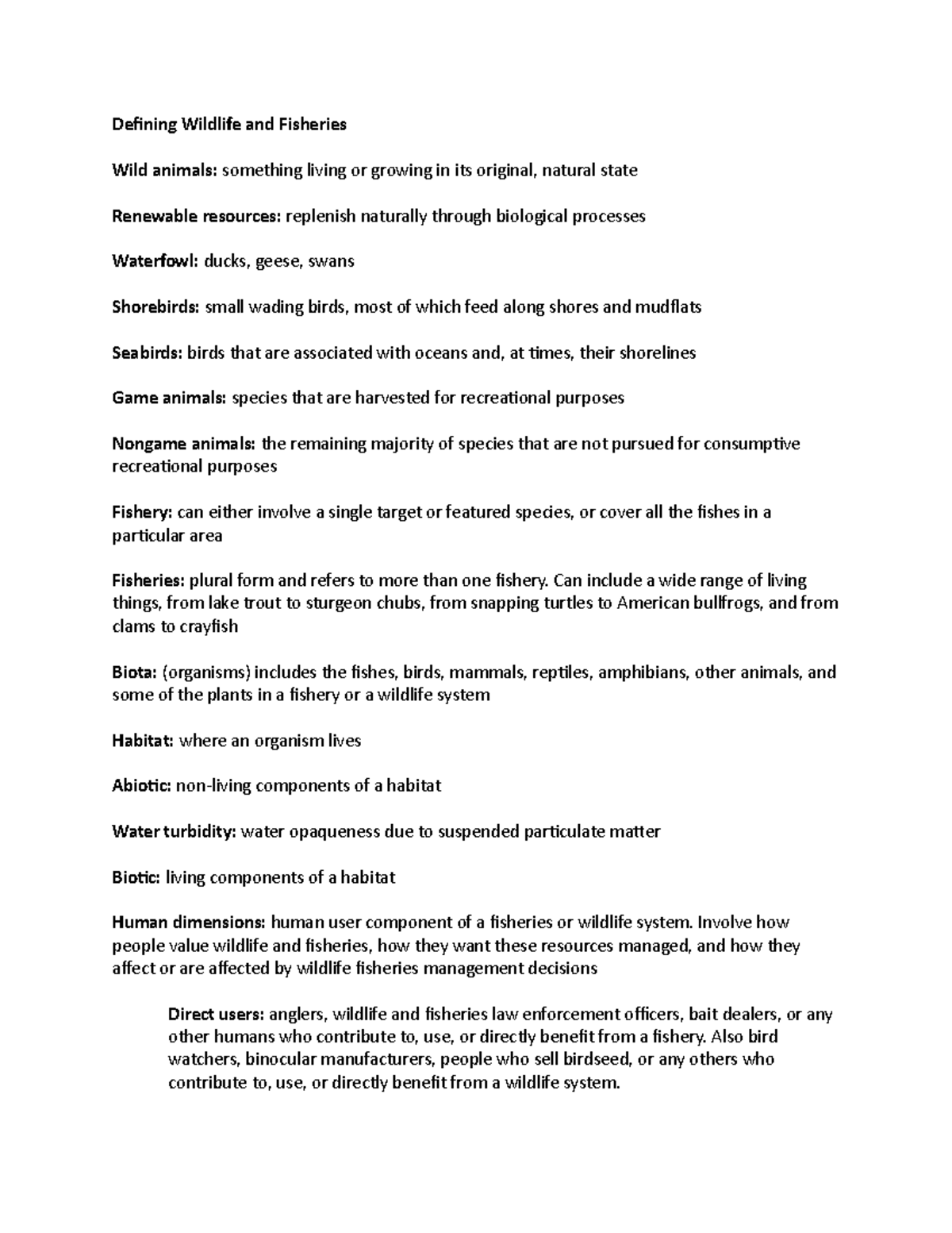 FIW2114 Wildlife and Fisheries Vocab Defining Wildlife and Fisheries