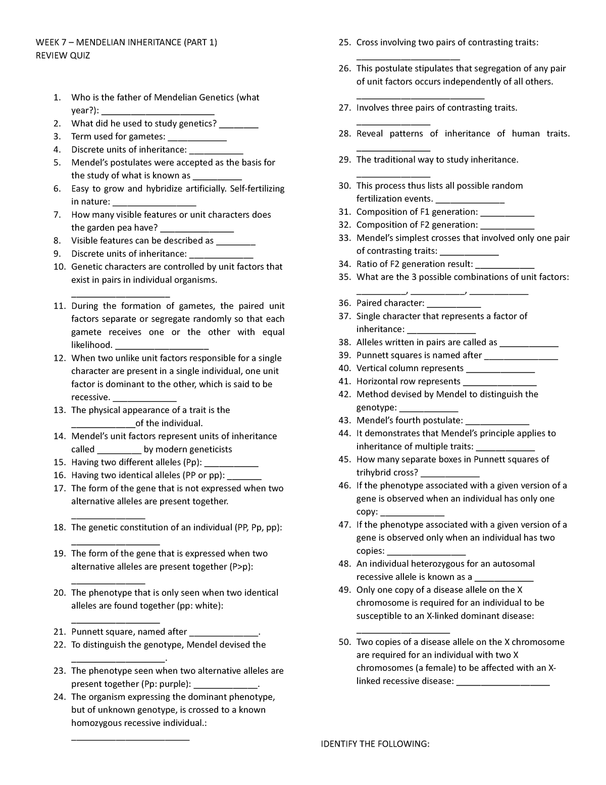 REVIEW QUIZ - mendelian inheritance - WEEK 7 – MENDELIAN INHERITANCE ...