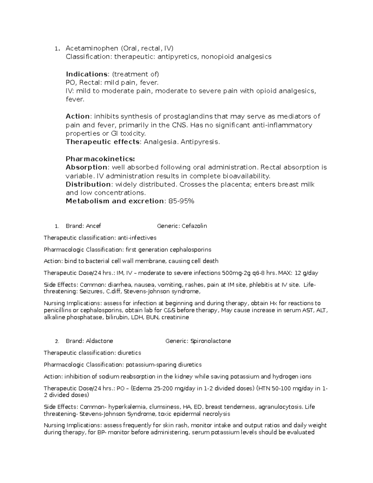 Medication cards 1. Acetaminophen (Oral, rectal, IV) Classification