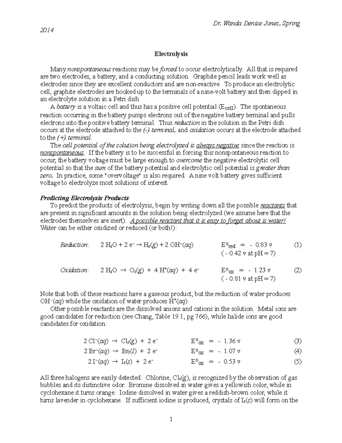 Electrolysis - worksheets for general chemistry class. - Dr. Wanda ...