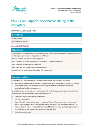 Bsbpef 201 - WPT Task 2 Participant Form (BSB) - BSBPEF201 Support ...