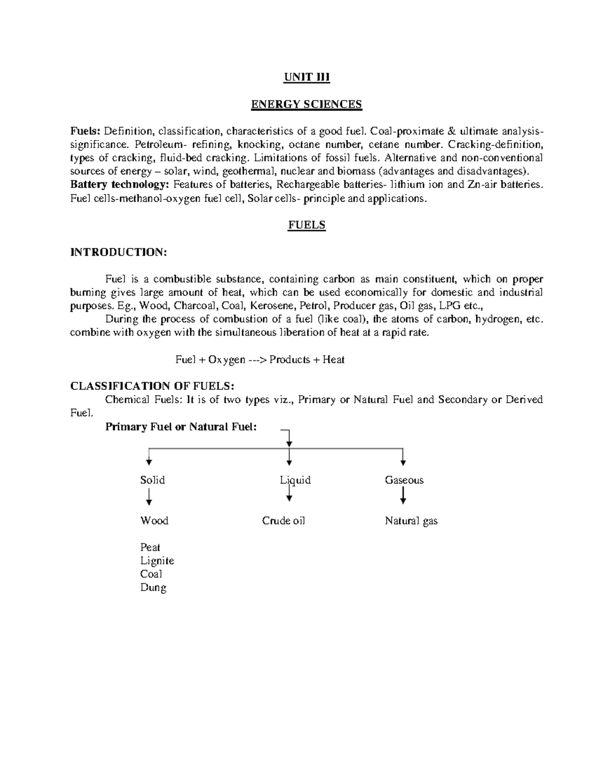 Ec 3 - Good Notes - UNIT III ENERGY SCIENCES Fuels: Definition ...