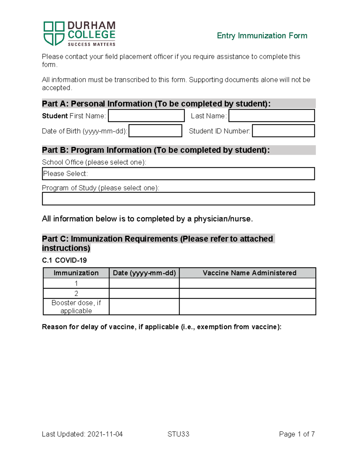 DC Entry Immunization Form - Please contact your field placement ...