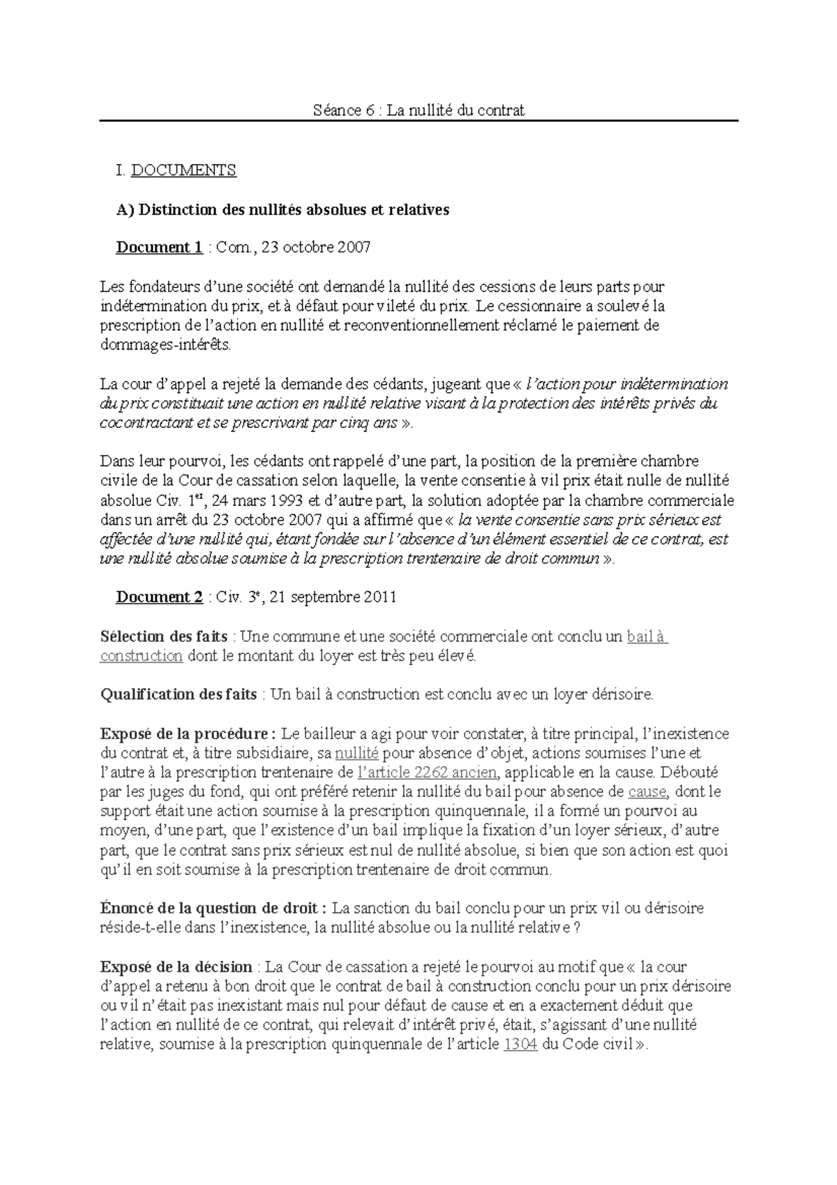 Séance 6 - La Nullité Du Contrat - DOCUMENTS A) Distinction Des ...