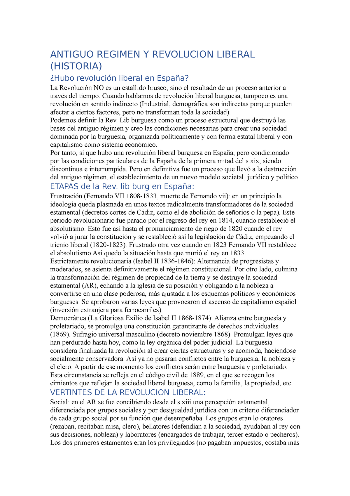 Historia De Las Instituciones 2 Parte A Completar Antiguo Regimen Y Revolucion Liberal 2697