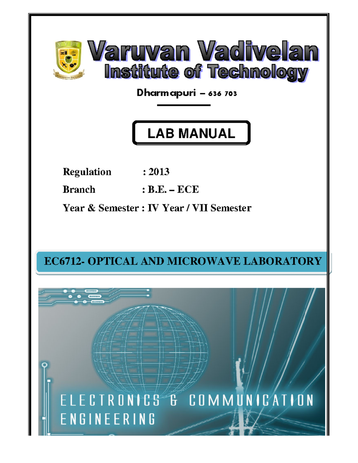 EC6712 Optical AND Microwave Laboratory Regulation 2013 Branch